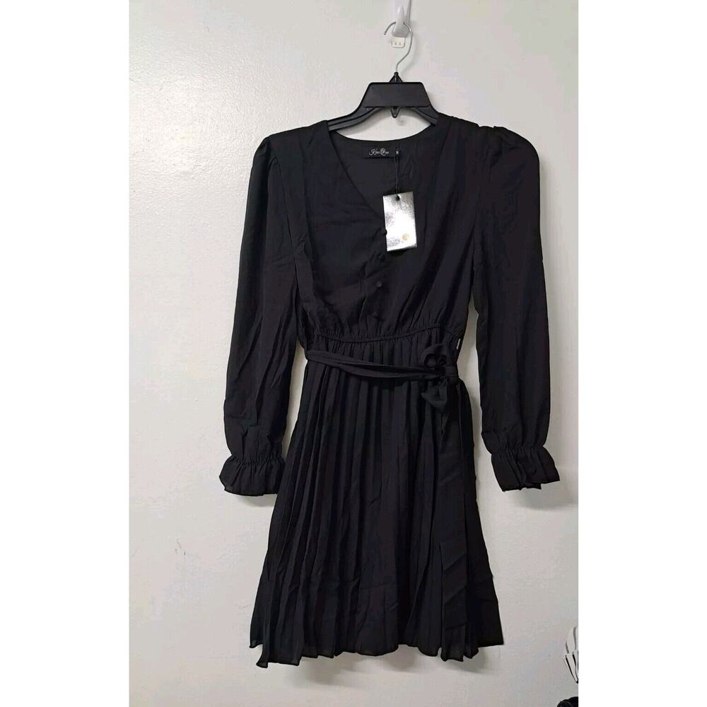 Womens Long Sleeve V Neck‎ Casual Dress, Pleated Mini Dress with Belt Black Sz M